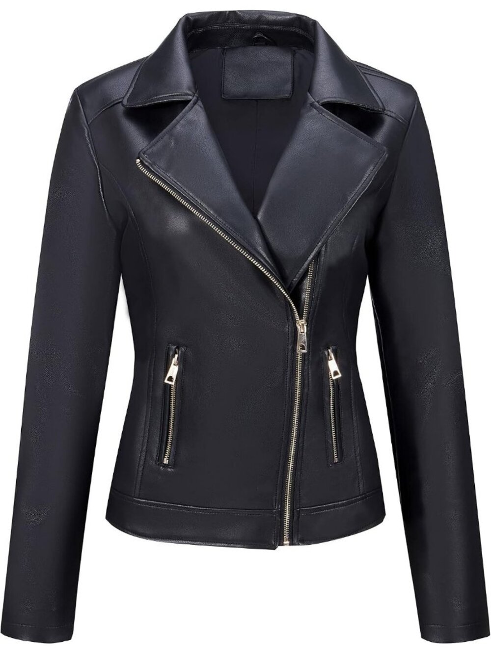 Women's Black Lapel Faux Leather Moto Biker Jacket Lightweight Zip Up Coat